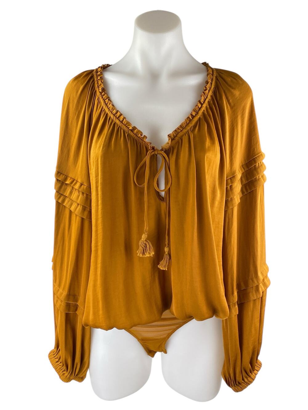 NEW Free People All Tucks Mustard Ruffle Tassels Blouson Bodysuit Blouse Top M